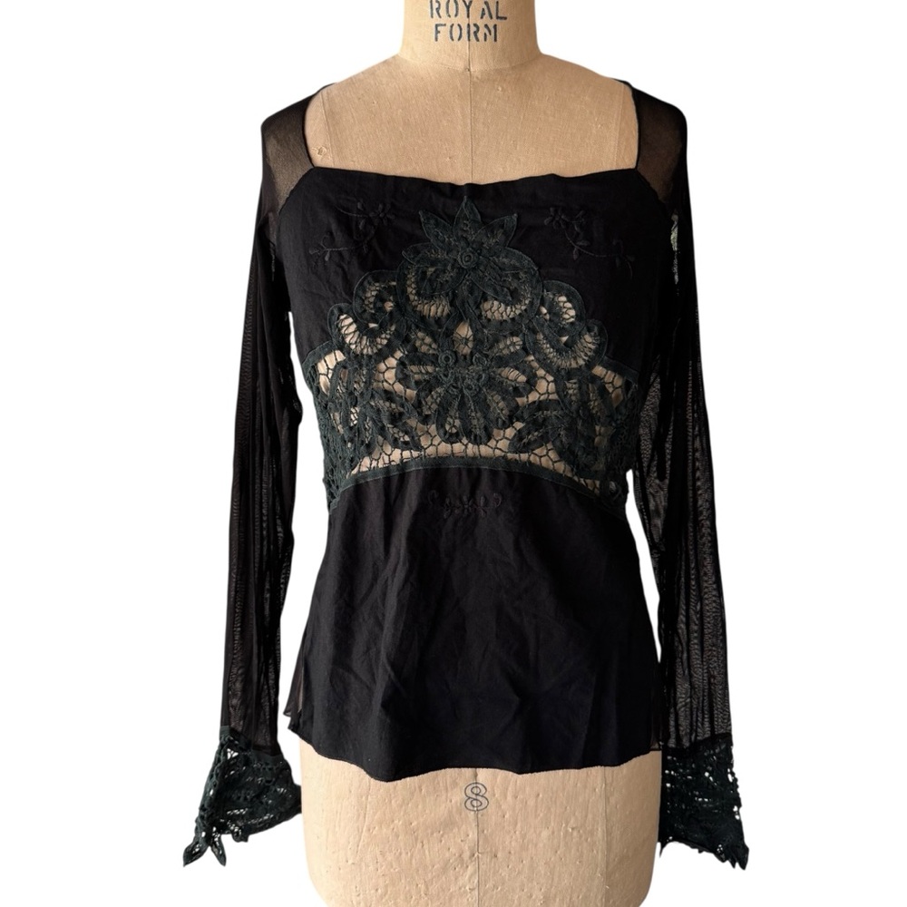 Vintage 90s Bebe Black Mesh Embroidered Long Sleeve Top